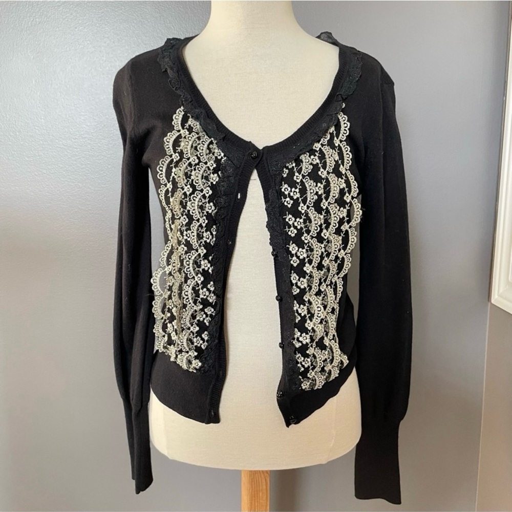 Y2K FOX Black & Gold Floral Frill Ruffle Lace Button Cardigan Limited Edition - Picture 2 of 14